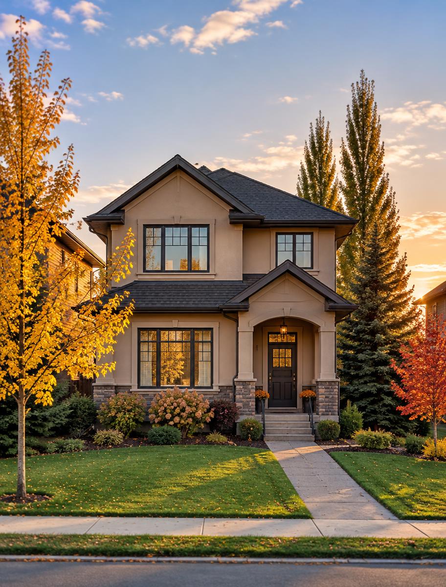 Upscale Calgary-area rental home at golden hour