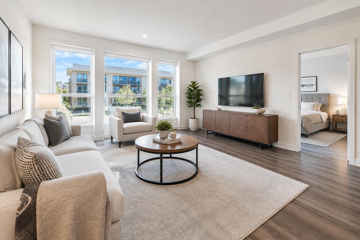 Bright, staged living room in a rental home