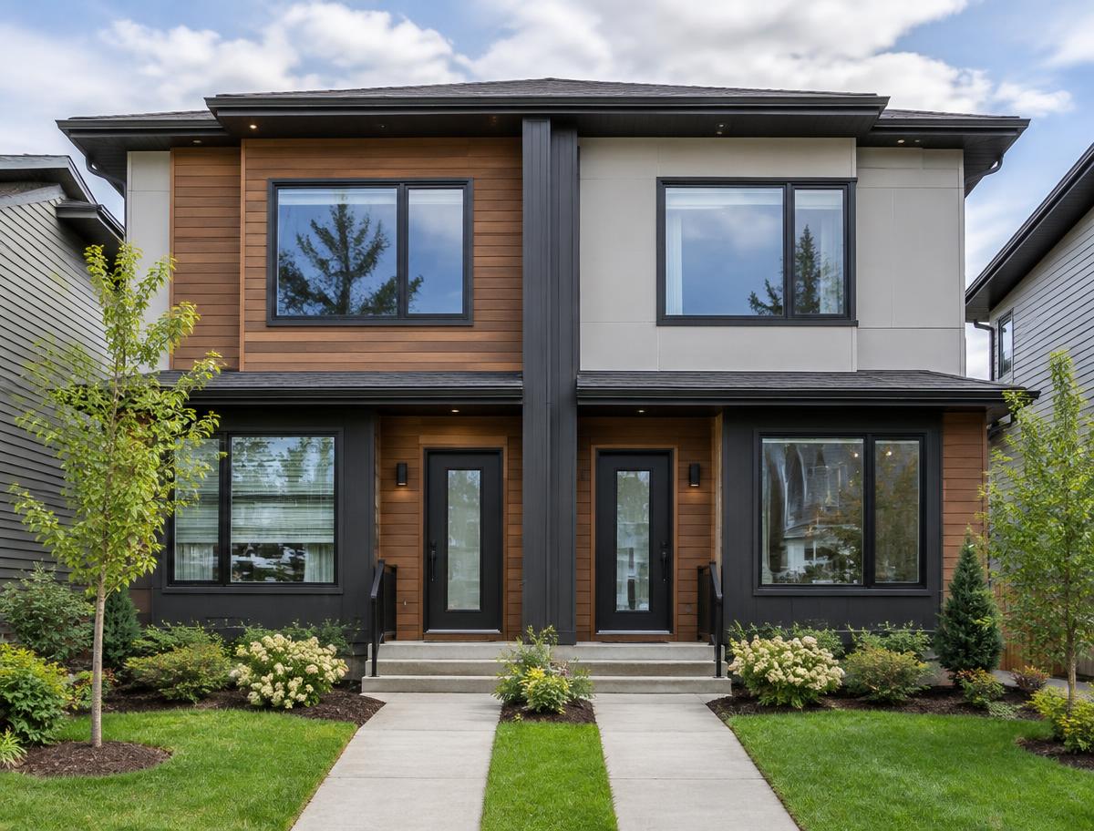 Modern townhouse rental home in Alberta with landscaped front walkway
